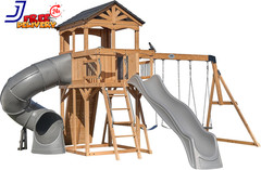 Wood Swing Set with Spiral Tube Slide Wave Slide Clubhouse Outdoor Playset