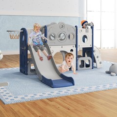 All in 1 Toddler Slide with Basketball & Telescope, Indoor Playset for Age 1-3