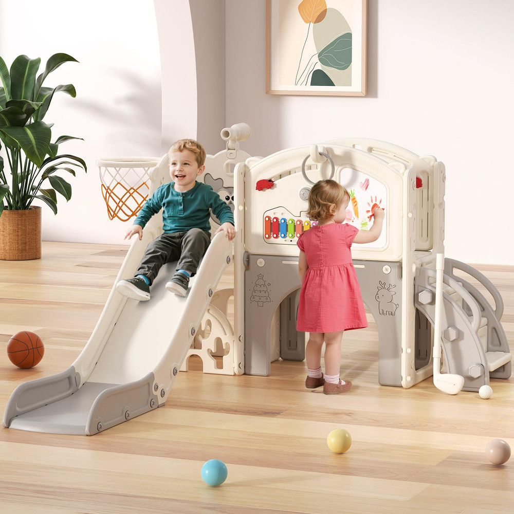 13-in-1 Toddler Slide Set with Basketball, Golf & Drawing Board – Cream & Gray