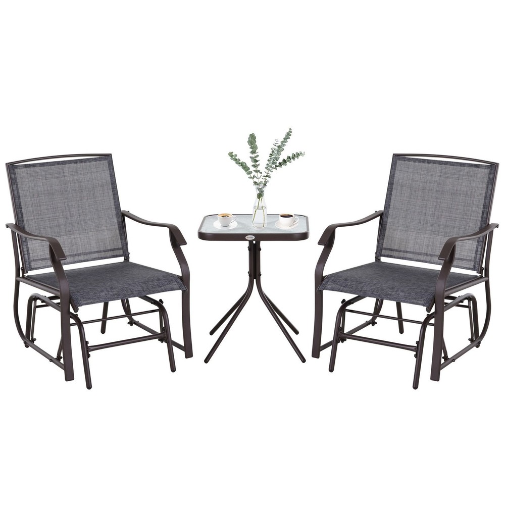 Small-Space Glider Set: 2 Steel Gliders + 18″ Table, Breathable Gray Mesh, 352lb