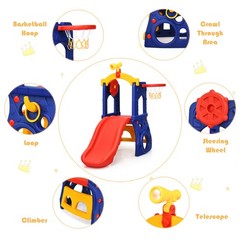 Costway 6-in-1 Freestanding Kids Slide w/ Basketball Hoop Play Climber Slide Set