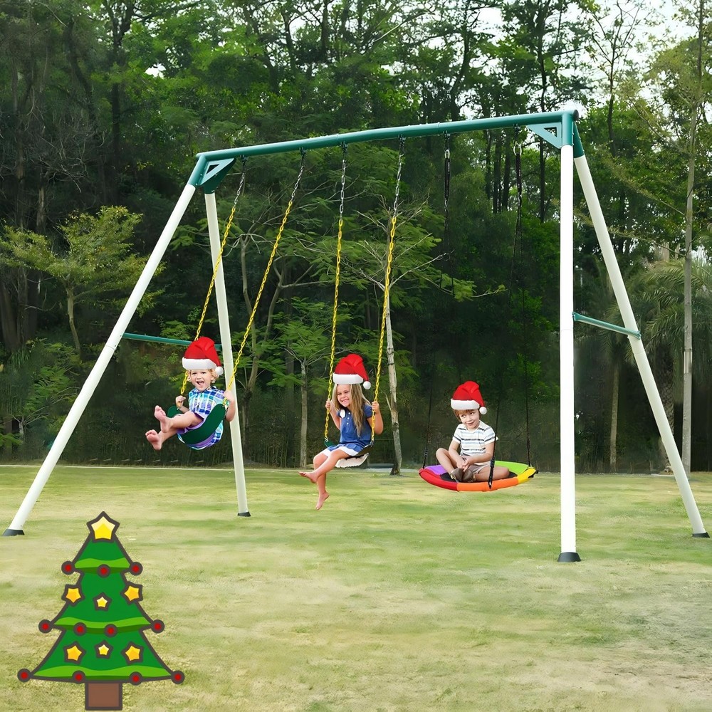 700lb 9.5′ Heavy Duty Tall Swing Sets for Backyard w/Saucer Swing, 2 Belt Swings