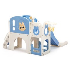 6 in 1 Toddler Slide Playset Climber Playground for Kids w/ Basketball Hoop Blue