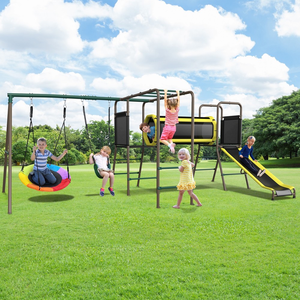 Metal Swing Set Playground Set for Kids with Swings, Climbing Ladder and Slide