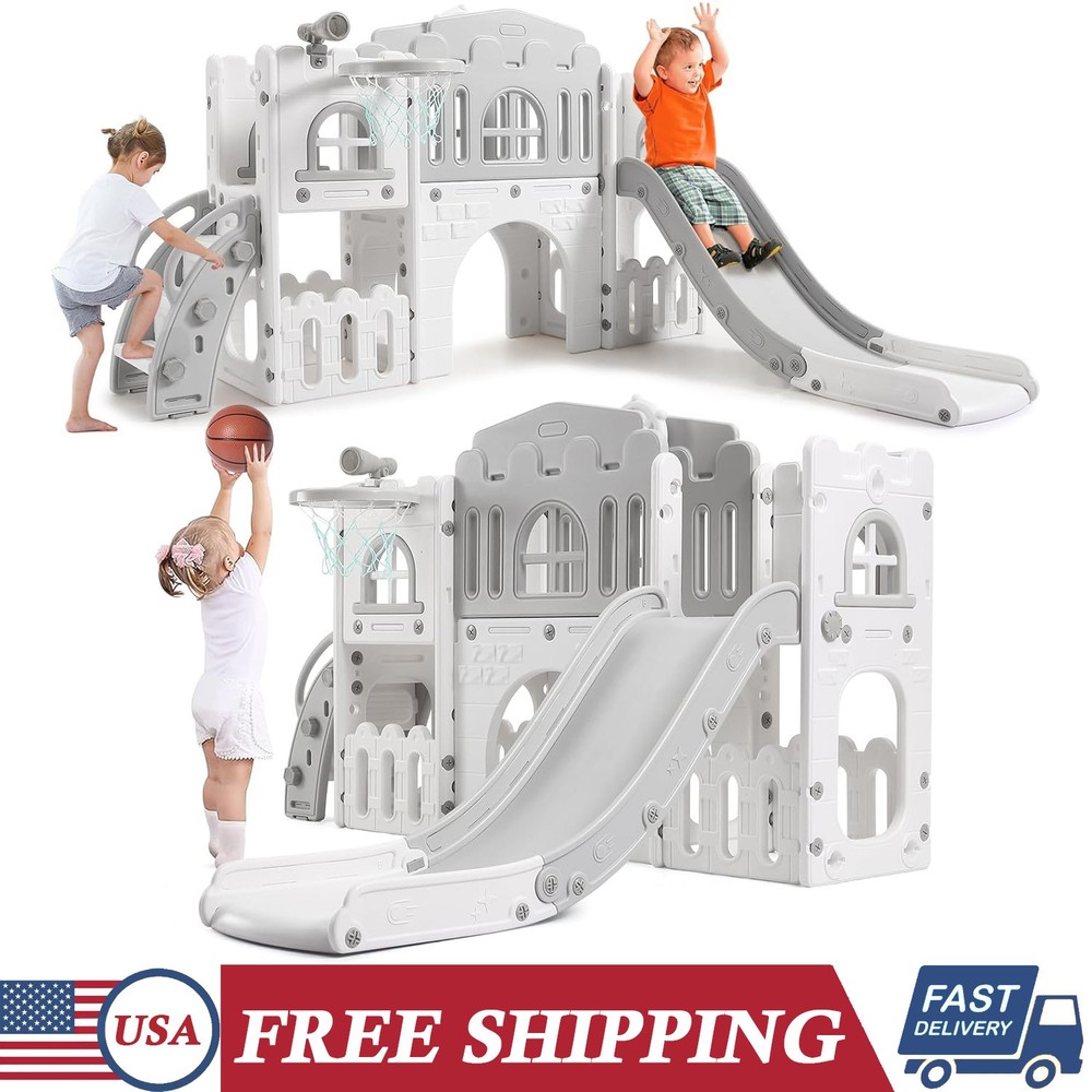 8 In 1 Toddler Slide & Climber Set Indoor Outdoor Playground for 1-3 Kids Gray