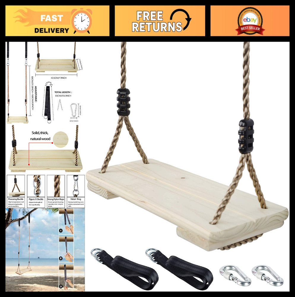 Nostalgic Wooden Swing Seat for Kids – Adjustable Outdoor Swing with Tree Straps
