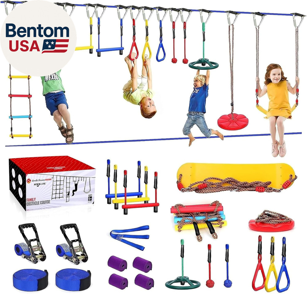 Ninja Warrior Obstacle Course for Kids Backyard-65Ft Slackline Kit with 13 Obsta