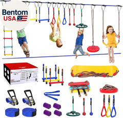Ninja Warrior Obstacle Course for Kids Backyard-65Ft Slackline Kit with 13 Obsta