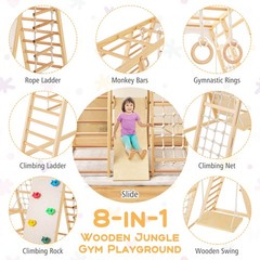 8-in-1 Jungle Gym Playset, Wooden Climber Play Set w/ Monke Natural