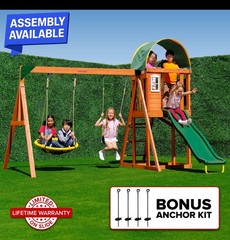 Outdoor Wooden Swing Set Backyard Playground Slide Saucer Play Fort Heavy Duty
