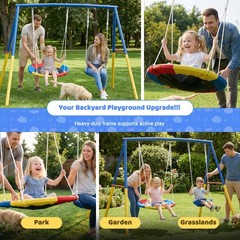 Swing Sets for Backyard with Kids Slide Outdoor Metal Playset 3 in 1 Swing Set