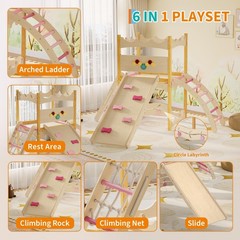 6-in-1 Wooden Play Gym Climber with Slide, Swing, Rock Wall, Rope Ladder Indoor