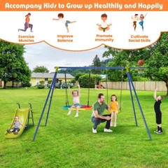 4-in-1 Kids Outdoor Heavy-Duty Metal Playset Swing Set w/Slide & Basketball Hoop