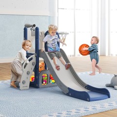 6 in 1 Toddler Slide with Basketball & Telescope, Indoor Playset for Age 1-3