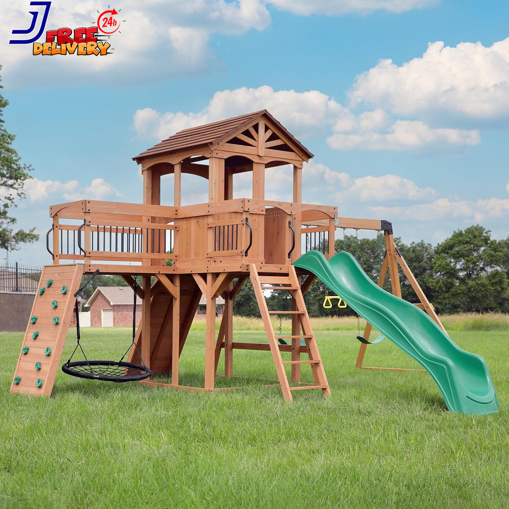Cedar Wood Swing Set with Wave Slide Raised Wooden Bridge Outdoor Playset NEW