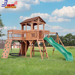 Cedar Wood Swing Set with Wave Slide Raised Wooden Bridge Outdoor Playset NEW