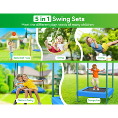 Kids Outdoor Playground Heavy-Duty Swing Play Set W/ Trampoline Basketball Hoop
