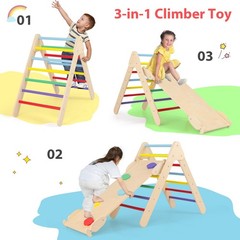 Pikler Triangle Set 3 in 1 Climbing Toys for Toddlers Wood Montessori Baby Ju…