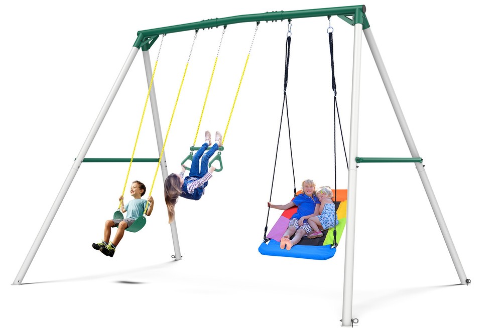 Heavy Duty Swing Set for Kids Adults with 2 Swings Trapeze Bar 9.5FT Metal Frame