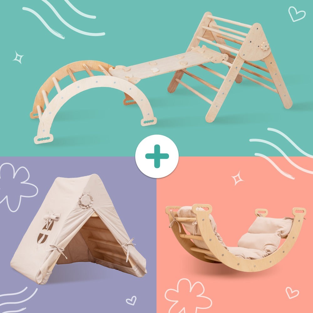 Montessori Climber Set Triangle Arch Ramp Tent Kids Indoor Play Gym Wooden