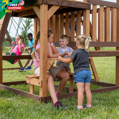 Highlander Cedar Wood Swing Set with Wave Slide Three Story Clubhouse Rock Wall