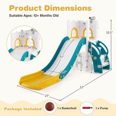 6 in 1 L-shaped Toddle Slide for Toddlers Age 1-3 Baby Slide w/ Basketball Hoop