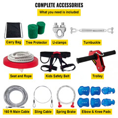 Zip Line Trolley 160 Ft. Warrior Obstacle Course with Seat, Brake and Steel Trol