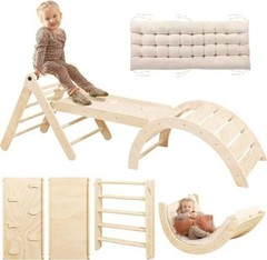 Pikler Triangle Set with Cushion, 7 in 1 Toddler Climbing Toys Nature Wood