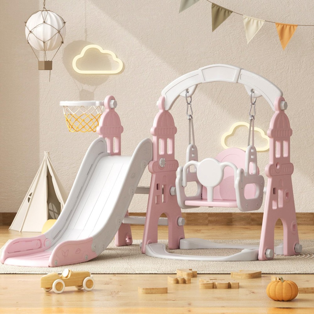 YUFU 4-in-1 Toddler Slide and Swing Set, Kids with Climber, Pink