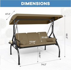 3 Seat Outdoor Porch Swing Chair, Adjustable Canopy Swing Bench, Convertible