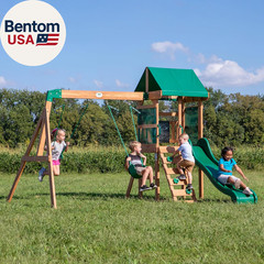 Buckley Hill Cedar Wood Swing Set with Wave Slide, Play Deck, Rock Wall Ladder,