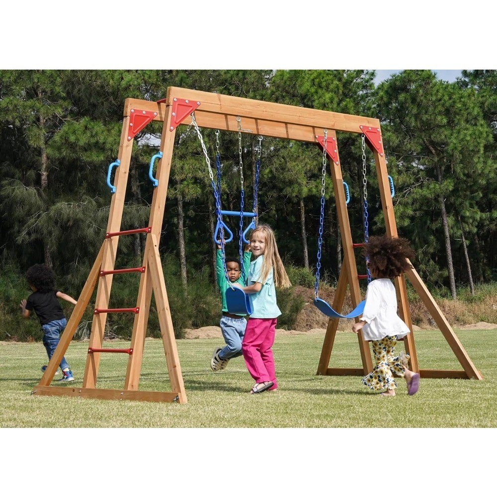 Heavy Duty Wood Swing Set for Backyard with Monkey Bars Trapeze Swing Bar and 2