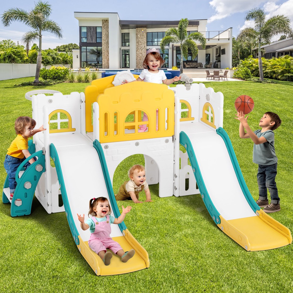 9 in 1 Kids Double Slides Toddler Playground Climb Playset Indoor Outdoor
