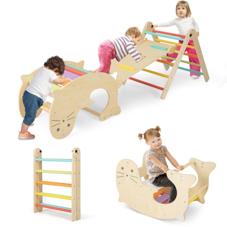 7-in-1 Indoor Gym Toddler Playground Wooden Climbing Kids Toys W/Reversible Ramp