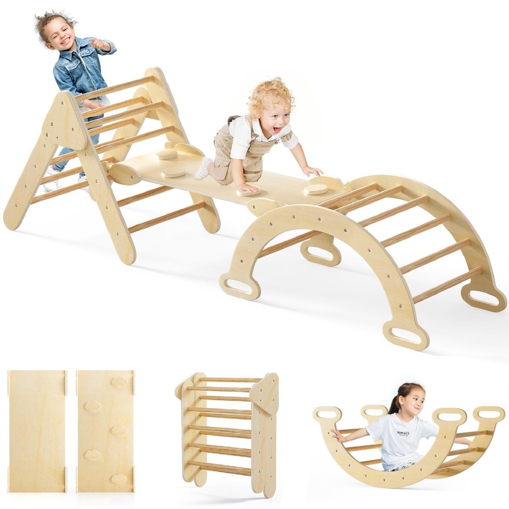 Pikler Triangle Set 7 in 1 Climbing Toys for Toddlers 1-3 Inside Foldable Woo…