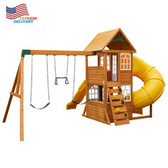 Castlewood Wooden Swing Set Playset with Clubhouse Mailbox Slide & Play Kitchen