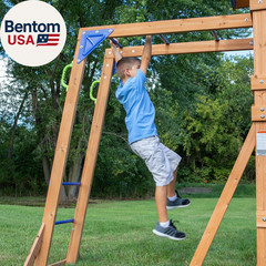 Beach Front Cedar Wood Swing Set with Wave Slide, Play Deck, Monkey Bars, Rock W