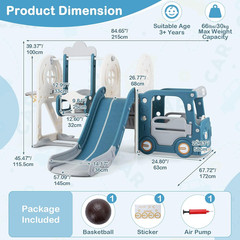 Toddler Slide and Swing Set, 5 in 1 Bus Themed Baby Slide with Climber Basketbal
