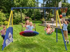 5in1 Kids Swing Set with Saucer Swing, Belt Swing, Basketball Hoop & Soccer Goal