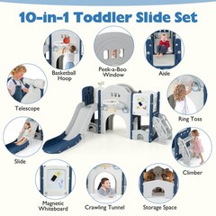 10 in 1 Toddler Slide Set w/Magnetic Whiteboard, Telescope Ring Toss for Ages 3+