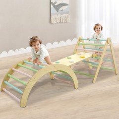 Wooden Climbing Frame Toddlers Baby Climbing Toys Triangle Set with Ramp & Arch