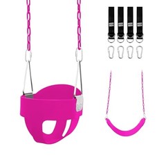 Toddler Bucket Swing Set, High Back Full Enclosed Swing Seat with 4 Rose Red