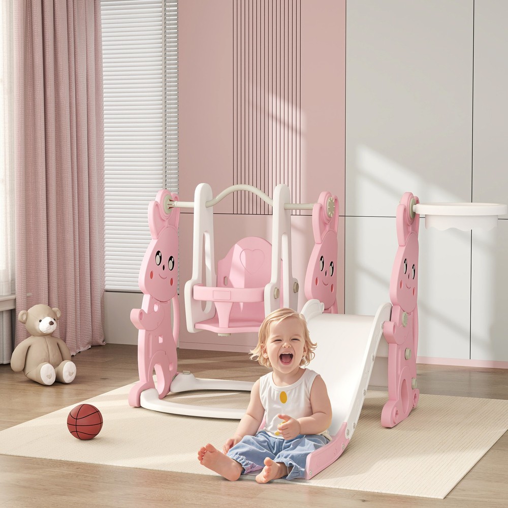 4 in 1 Toddler Slide and Swing Set w/ Climber, Basketball Hoop, Pink
