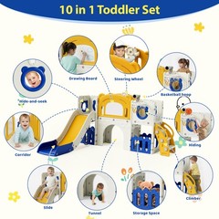 10-in-1 Kid Climber Slide,Toddler Slide Set with Drawing Board & Basketball Hoop