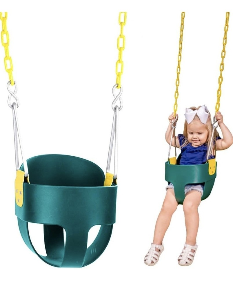 Safari Swings Green Bucket Toddler Swing Seat High Back W/ Yellow Coated Chains