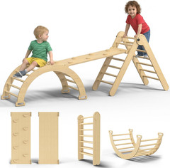 Large Pikler Triangle Set, 7-In-1 Toddler Climbing Toys Indoor, Wooden Montessor