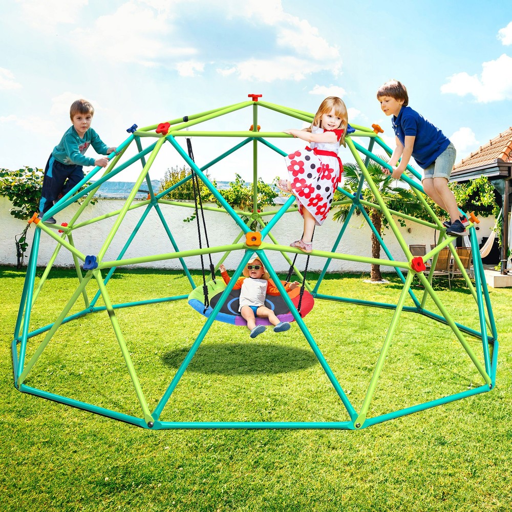 Climbing Dome 10FT Dome Climber Jungle Gym for Kids Backyard with Saucer Swing