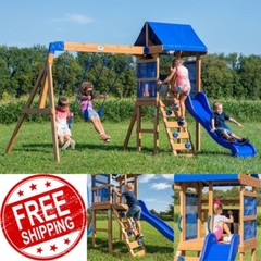 Kids Outdoor Cedar Wood Swing Set Play Set With Clubhouse Slide Rock Wall Ladder