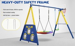 5in1 Kids Swing Set with Saucer Swing, Belt Swing, Basketball Hoop & Soccer Goal