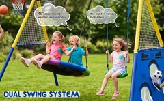 5in1 Kids Swing Set with Saucer Swing, Belt Swing, Basketball Hoop & Soccer Goal